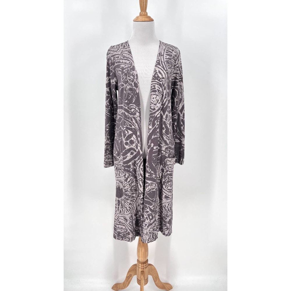 BRYN WALKER Sweater Women XS Gray Mauve Duster Cardigan Print Cotton Long Sleeve